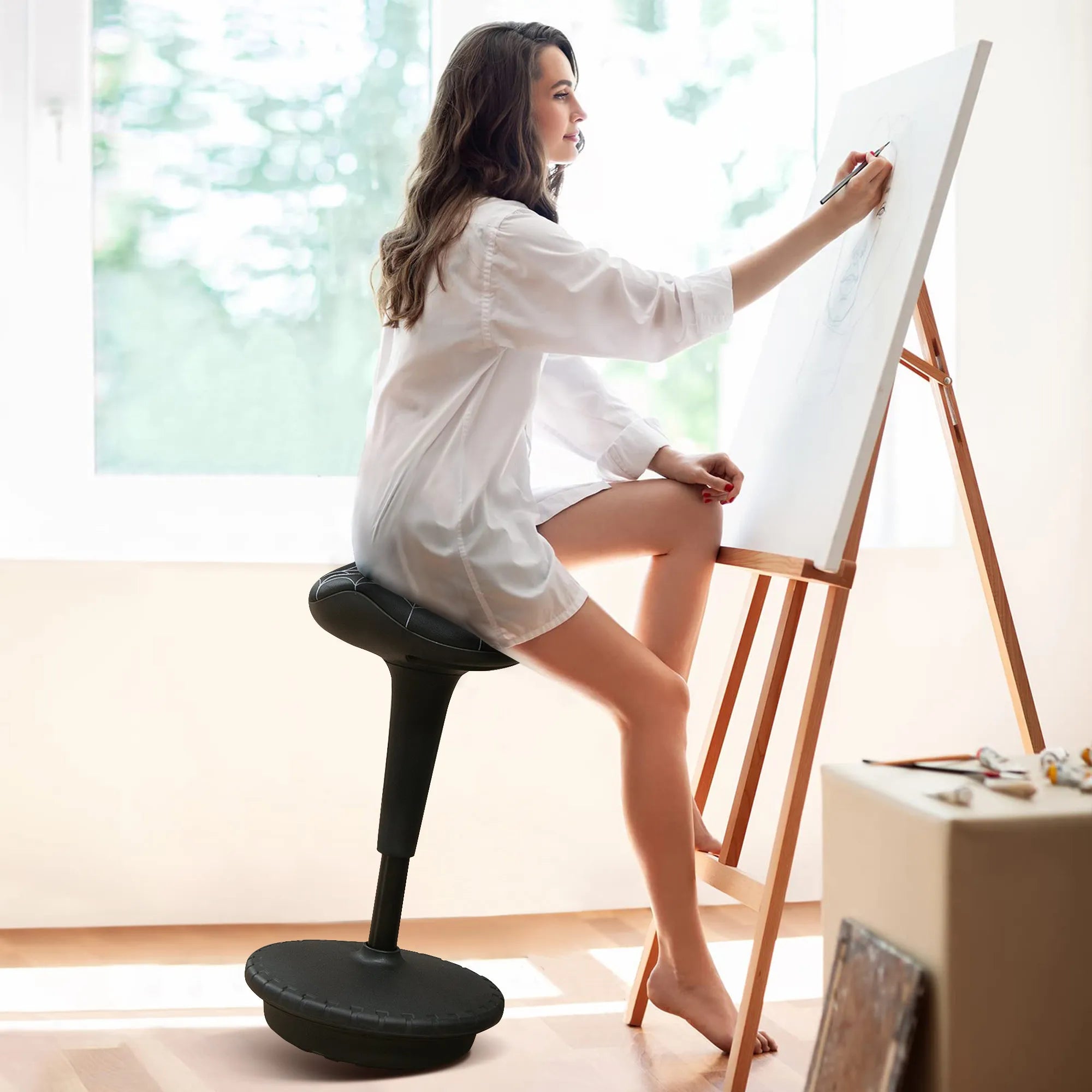 Ergonominė kėdė stovimam darbui, reguliuojamo aukščio, iki 125 kg, pasukama, juoda
