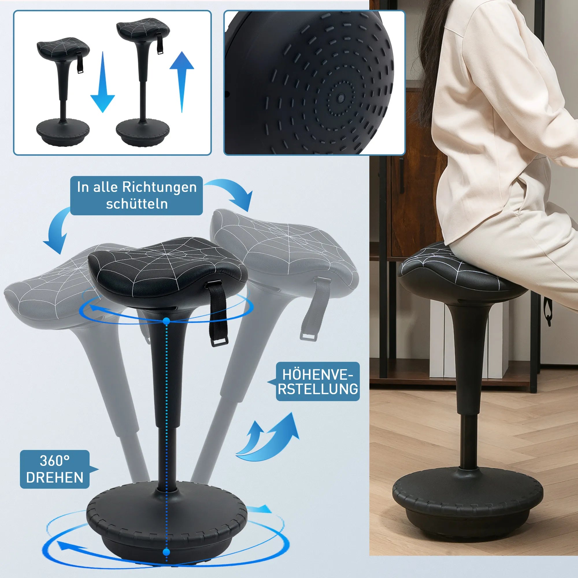 Ergonominė kėdė stovimam darbui, reguliuojamo aukščio, iki 125 kg, pasukama, juoda