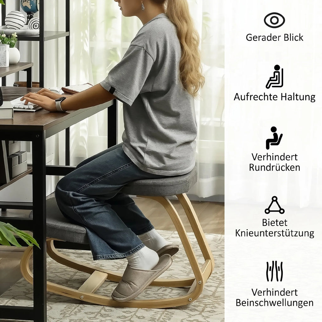 Ergonominė klūpėjimo kėdė, medinė, pilka