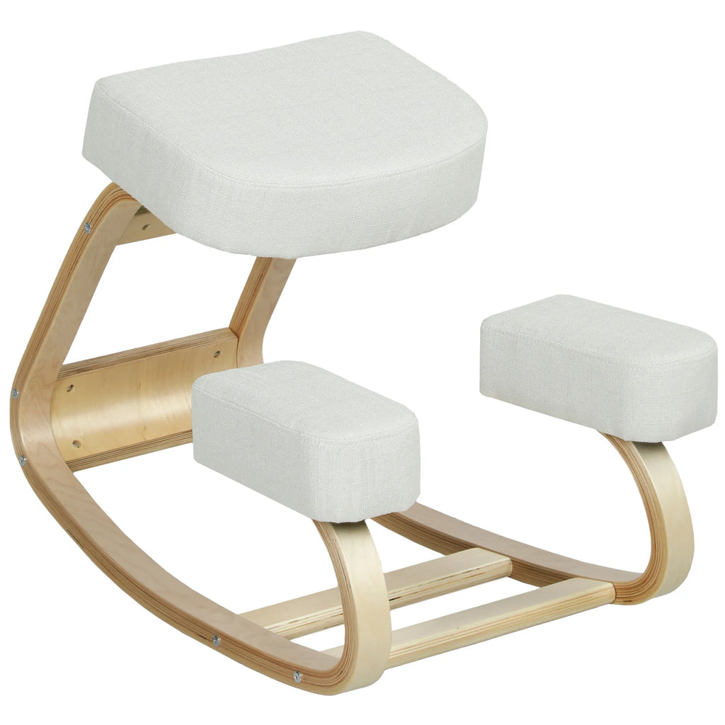Ergonominė klūpojama kėdė su medine rėmo konstrukcija ir kreminėmis pagalvėlėmis
