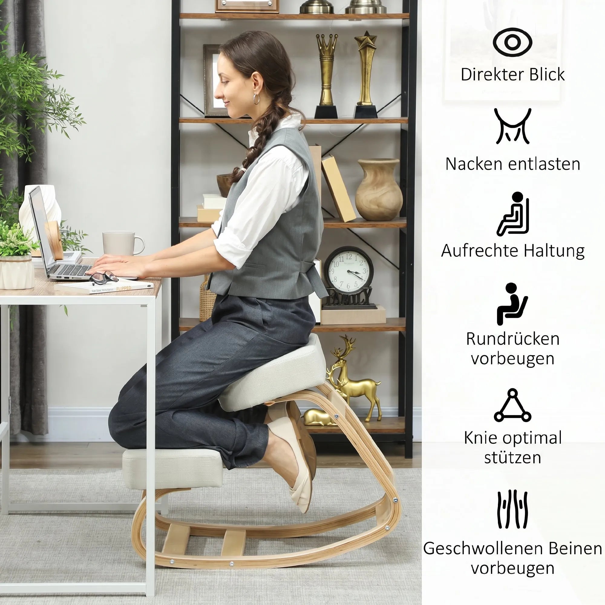 Ergonominės sėdėjimo laikysenos schema su klūpojama kėde