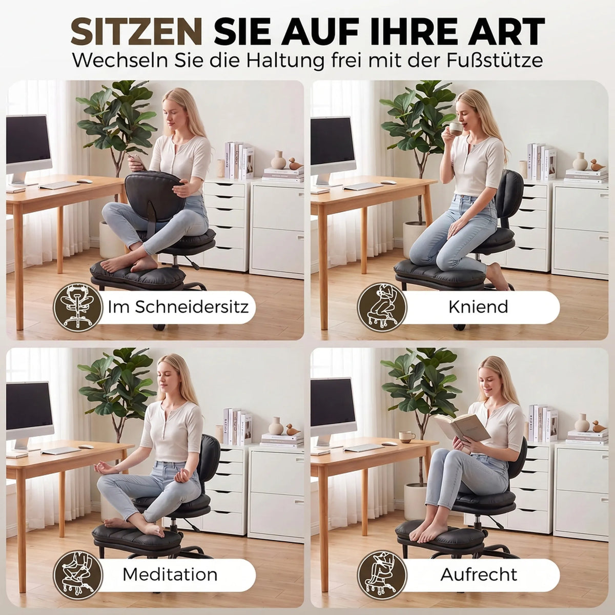 Ergonomiška biuro kėdė meditacijai, sukama 360°, su ratukais ir nuimama pakoja, juoda