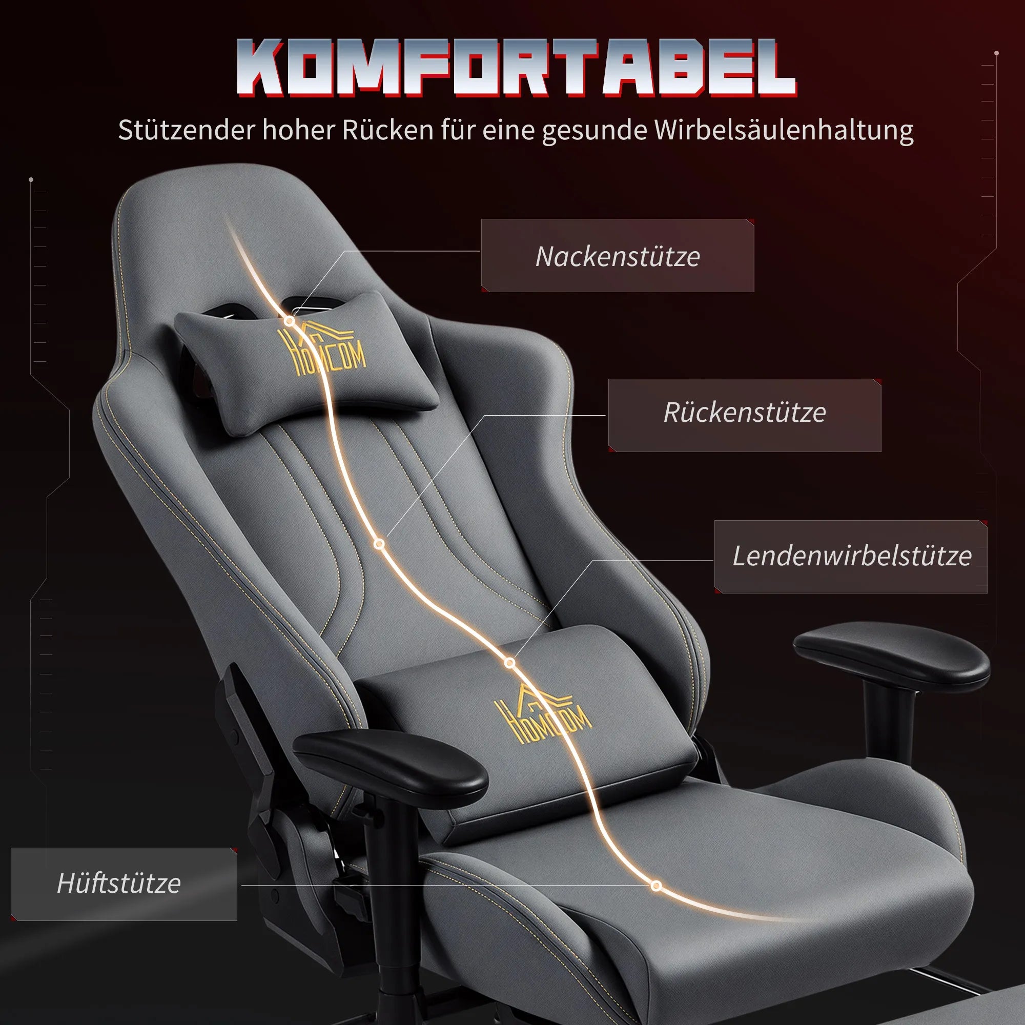 Ergonomiška žaidimų kėdė su 3D porankiais, reguliuojama, ratukinė biuro kėdė su juosmens atrama, pilka