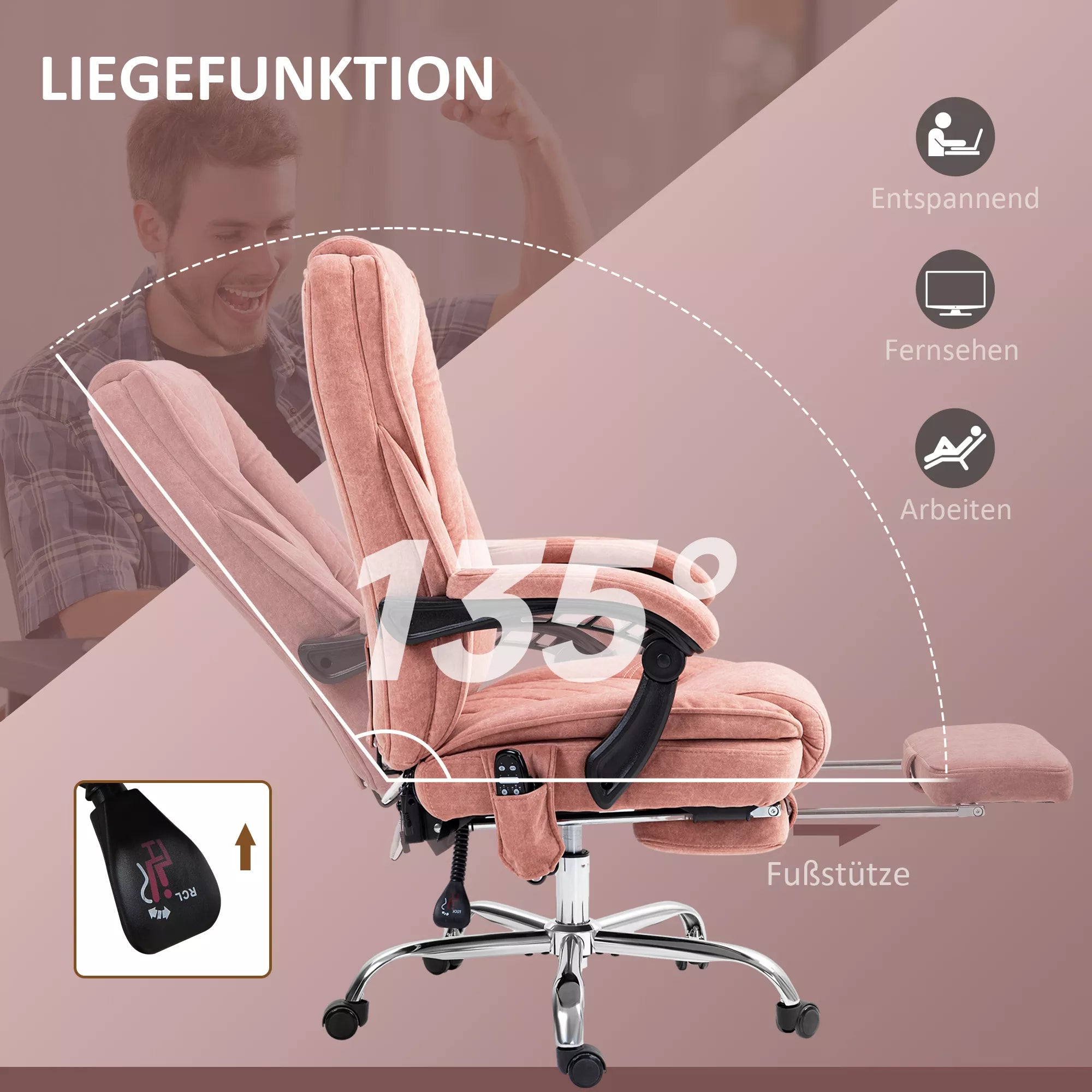 Ergonomiška biuro kėdė su masažo funkcija, kojų atrama, sukiojama, su ratukais, rožinė