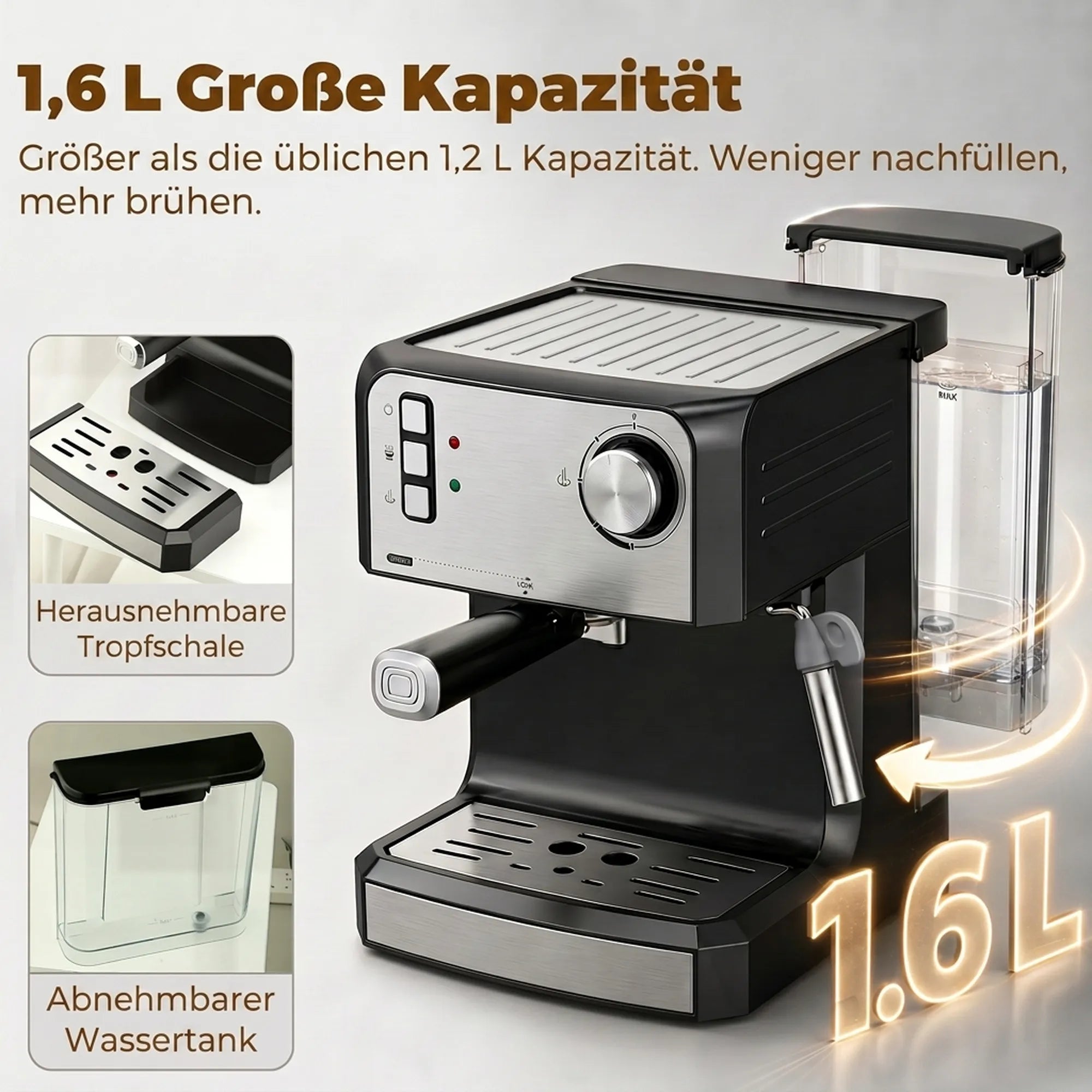 Espreso kavos aparatas, 20 bar, 1,6 l talpos, juodas