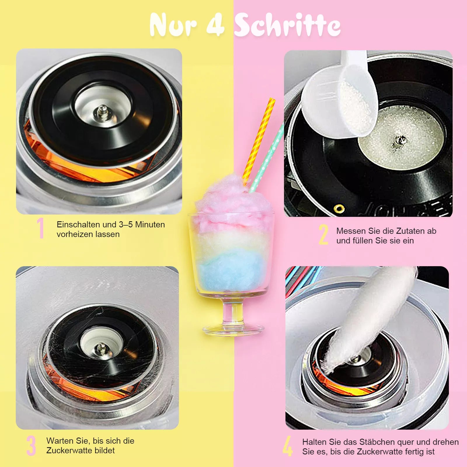 Cukraus vatos aparatas namams Cotton Candy Machine Cukraus vatos aparatas su lazdelėmis ir matavimo šaukštu Aukštis 18 cm 550 W Vaikų šventėms, gimtadieniams, vakarėliams Raudonas