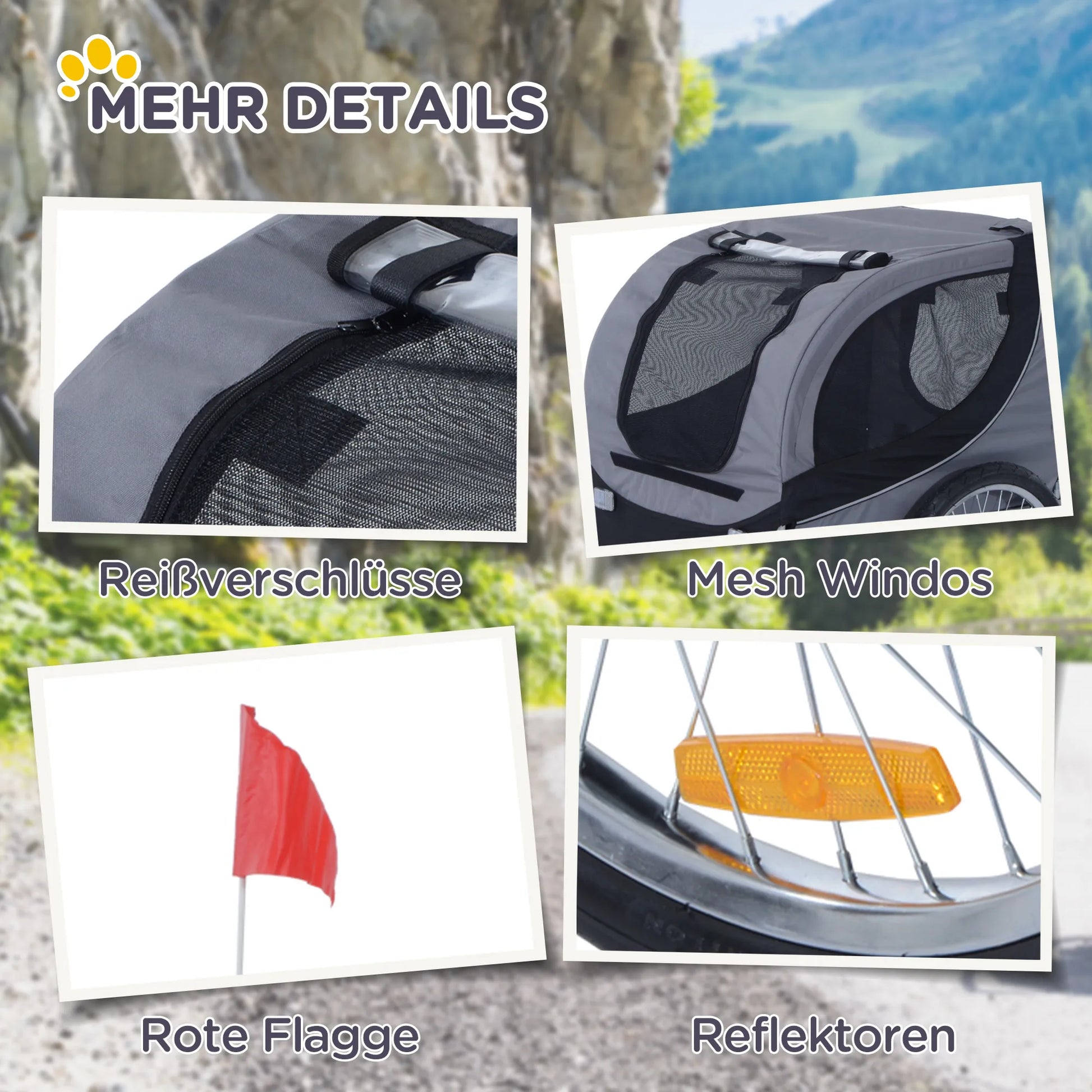 Šunų priekaba Dviračių priekaba iki 20 kg, sulankstoma, su universaliu sukabintuvu, atšvaitais, vėliava, sandėliuojama, plieno + poliesterio, pilkos + juodos spalvos, 130 x 73 x 90 cm