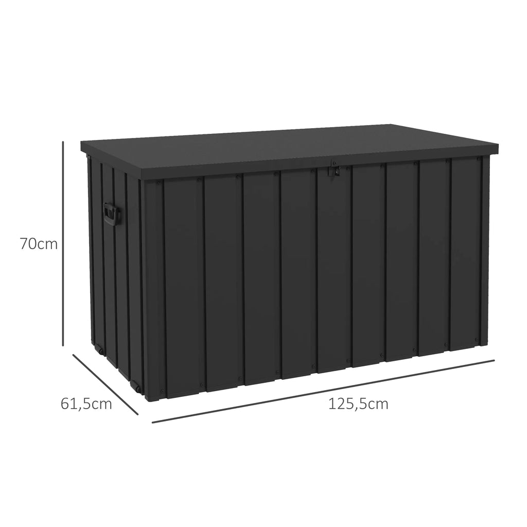 Laikymo dėžė, sodo skrynia, 450 l talpos, 2 ratai, plieninis rėmas, 125x61x70 cm, tamsiai pilka