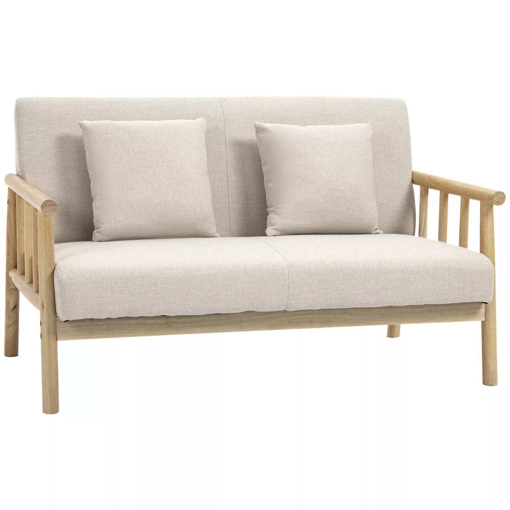 Smėlio dvivietė sofa su mediniu rėmu ir dviem pagalvėlėmis