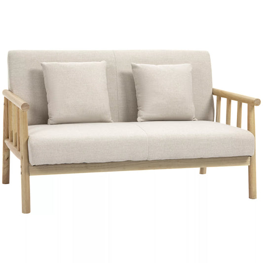 2 vietų sofa, dengta audiniu su linine išvaizda, kompaktiška, atlaiko iki 200 kg, medinis rėmas, 123 ilgis x 69 plotis x 74 aukštis cm, smėlio spalvos