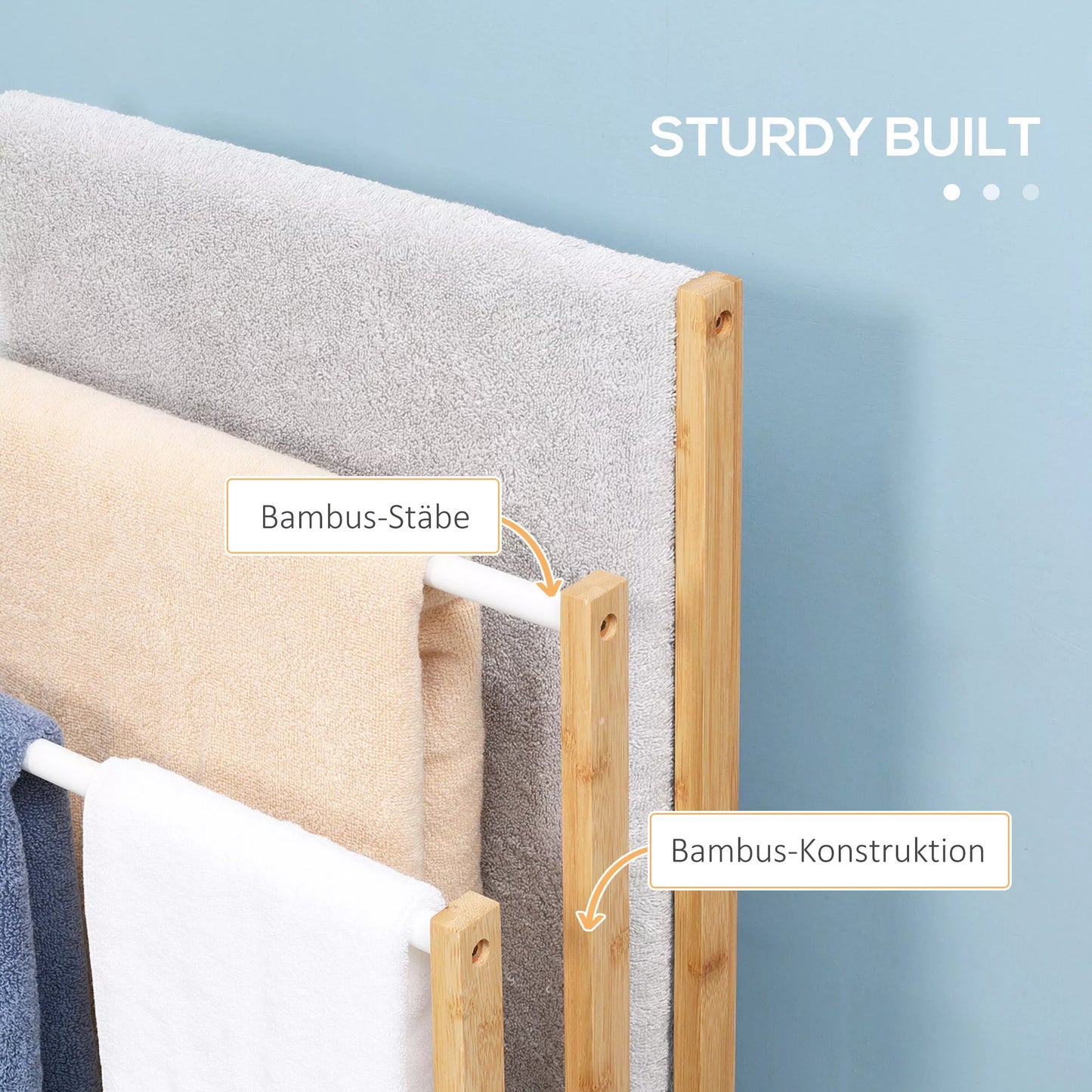 Rankšluosčių laikiklis iš bambuko. 3 dalių dizainas, 3 rankšluosčių strypai 48 cm x 25,8 cm x 94 cm, natūralus + baltas