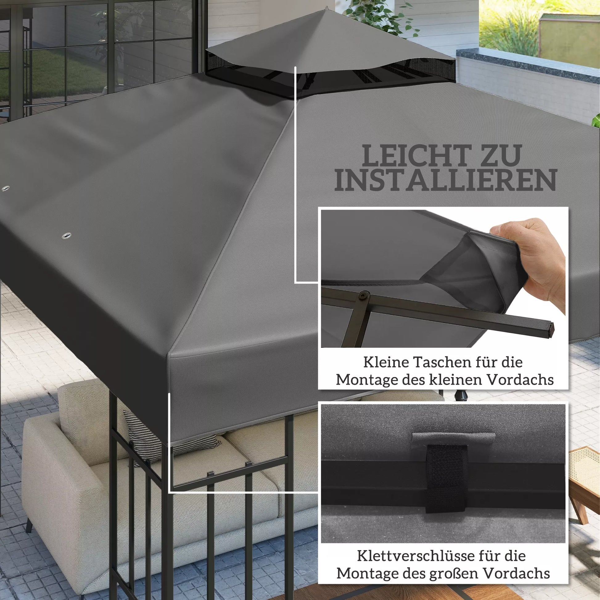 3 x 3 m atsarginis stogas paviljonui, atsarginis paviljono tentas su vandens nutekėjimo angomis, UPF30+, apsauga nuo saulės, tamsiai pilkos spalvos