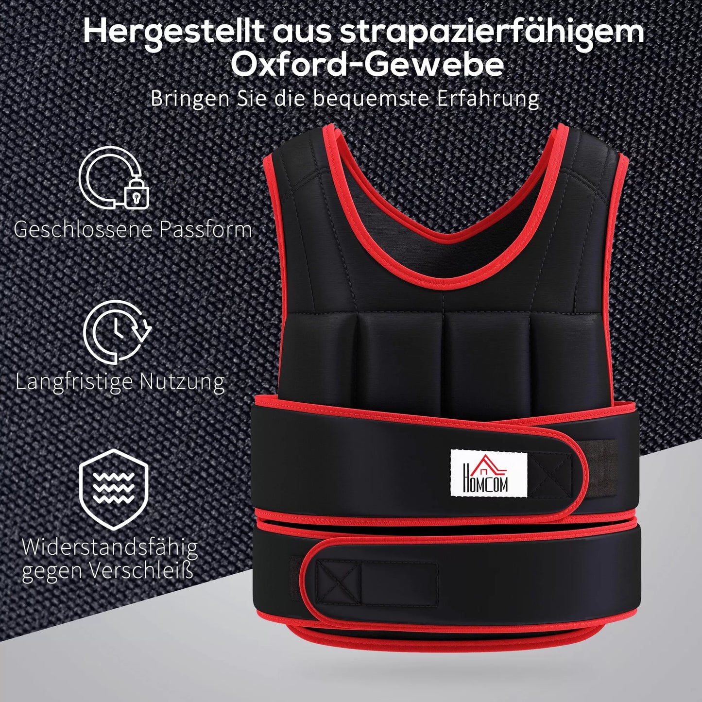 20 kg treniruočių/svorio liemenė su dvigubomis reguliuojamomis juostomis, skirta jėgos treniruotėms, fitnesui, Oksfordo audinys, metalo-smėlio užpildas, juoda+raudona, 60 x 50 cm