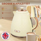 Infografika: 1,7 l talpa, 6–8 puodeliai, su Didžiosios Britanijos sertifikato ženklu