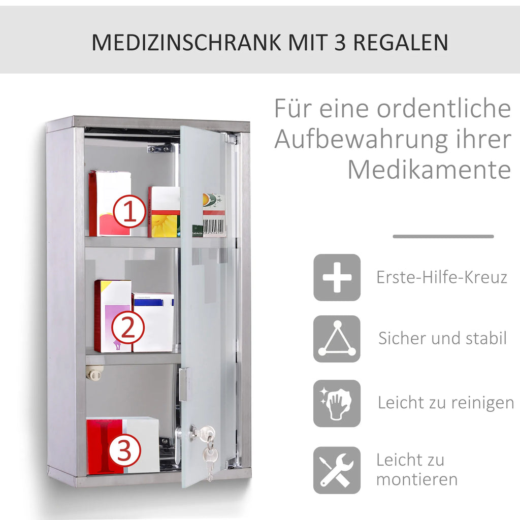 Medicinos spintelė iš nerūdijančio plieno Vaistų spintelė vaistams laikyti, užrakinama Vaistų spintelė su 3 skyreliais, stiklinėmis durelėmis 25 x 12 x 48 cm, sidabrinė