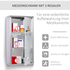 Sidabrinė medicinos spintelė su trimis lentynomis ir vaistų pakuotėmis