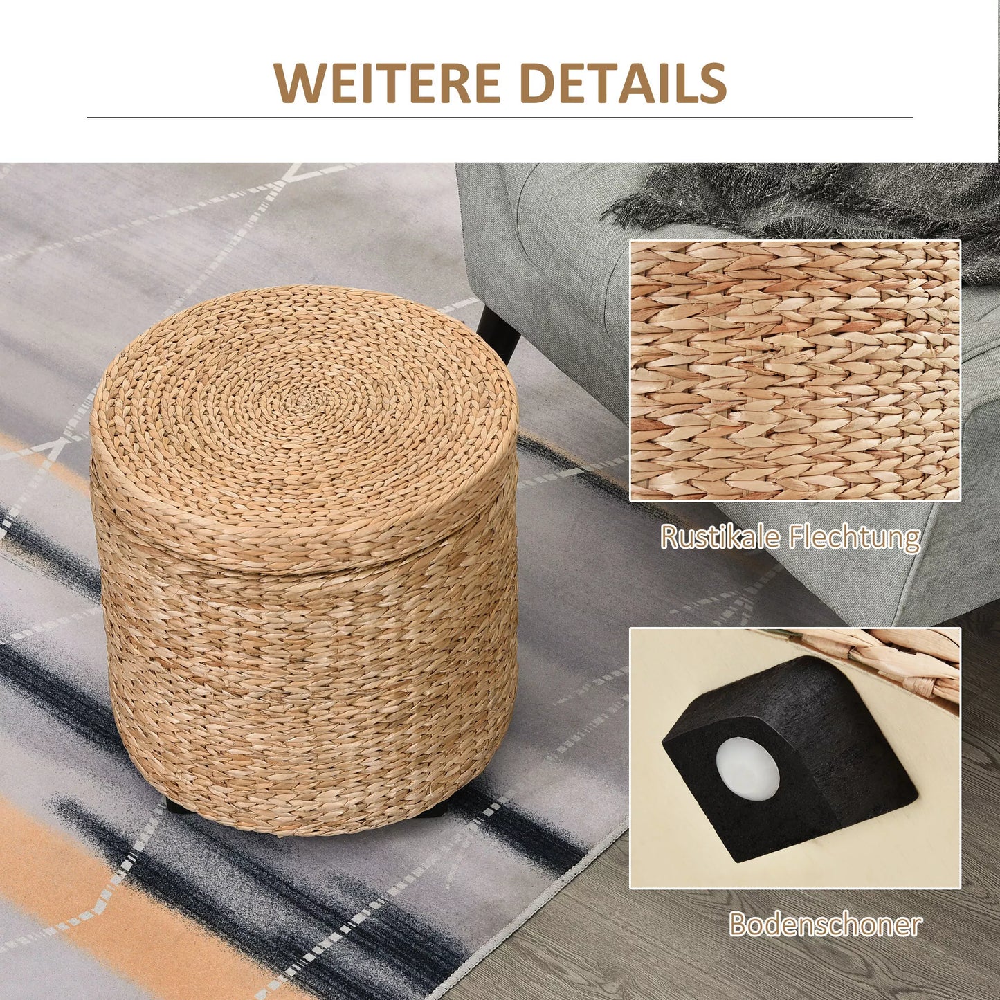 Pufas su daiktadėže, apvalus pufas su dangčiu, sėdimasis kubas, daiktadėžė, minkštas pufas su kojelėmis, 43 x 43 x 43 cm, chaki