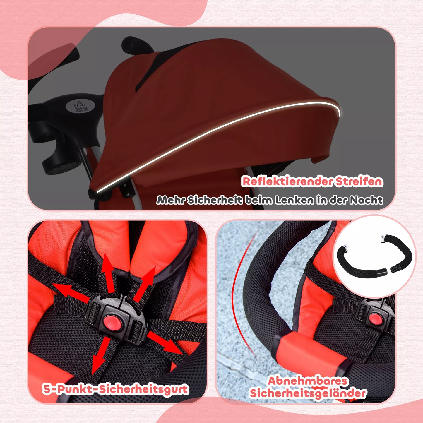 6-in-1 vaikiškas triratukas su stūmimo rankena, stogeliu, diržu, laikymo krepšiu, nuo 18 mėn., Raudonas