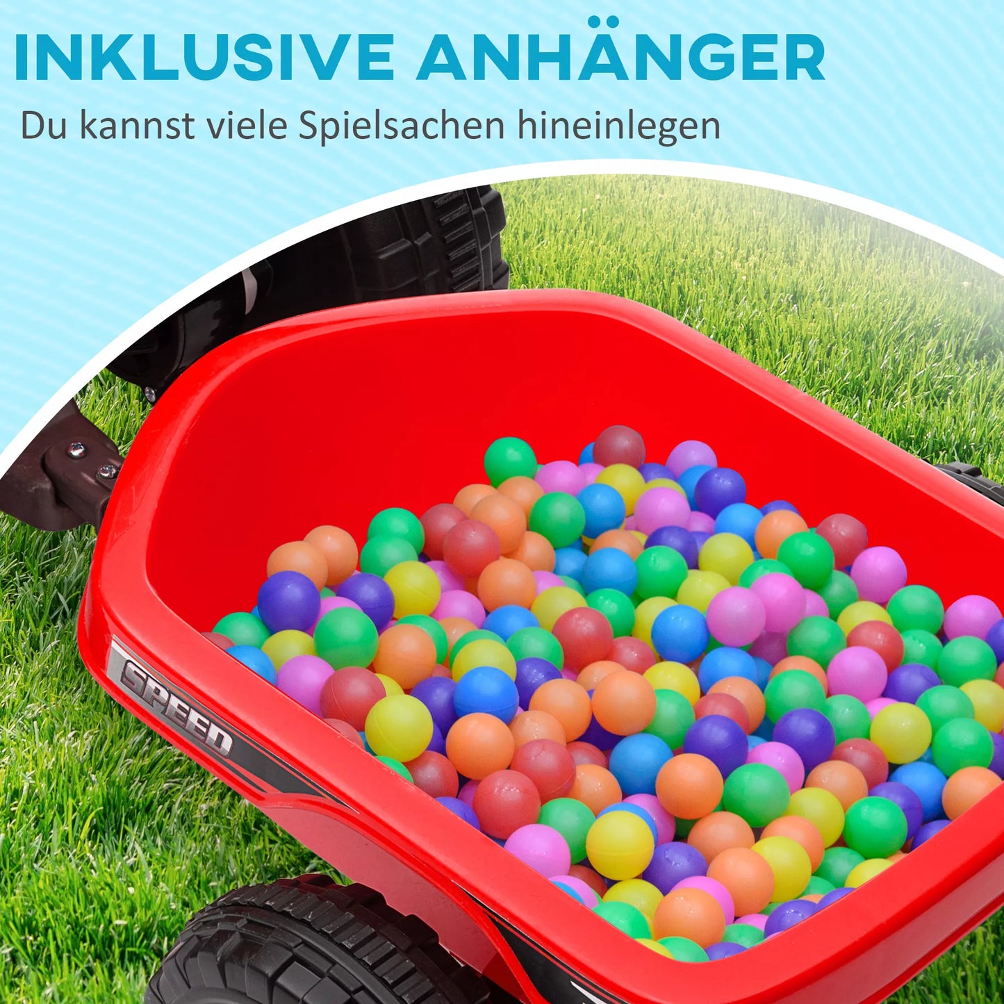 Elektrinis vaikiškas keturratis su priekaba, 2,5 km/h, 50 min. važiavimo laikas, nuo 1,5 iki 3 metų, iki 25 kg, raudonas