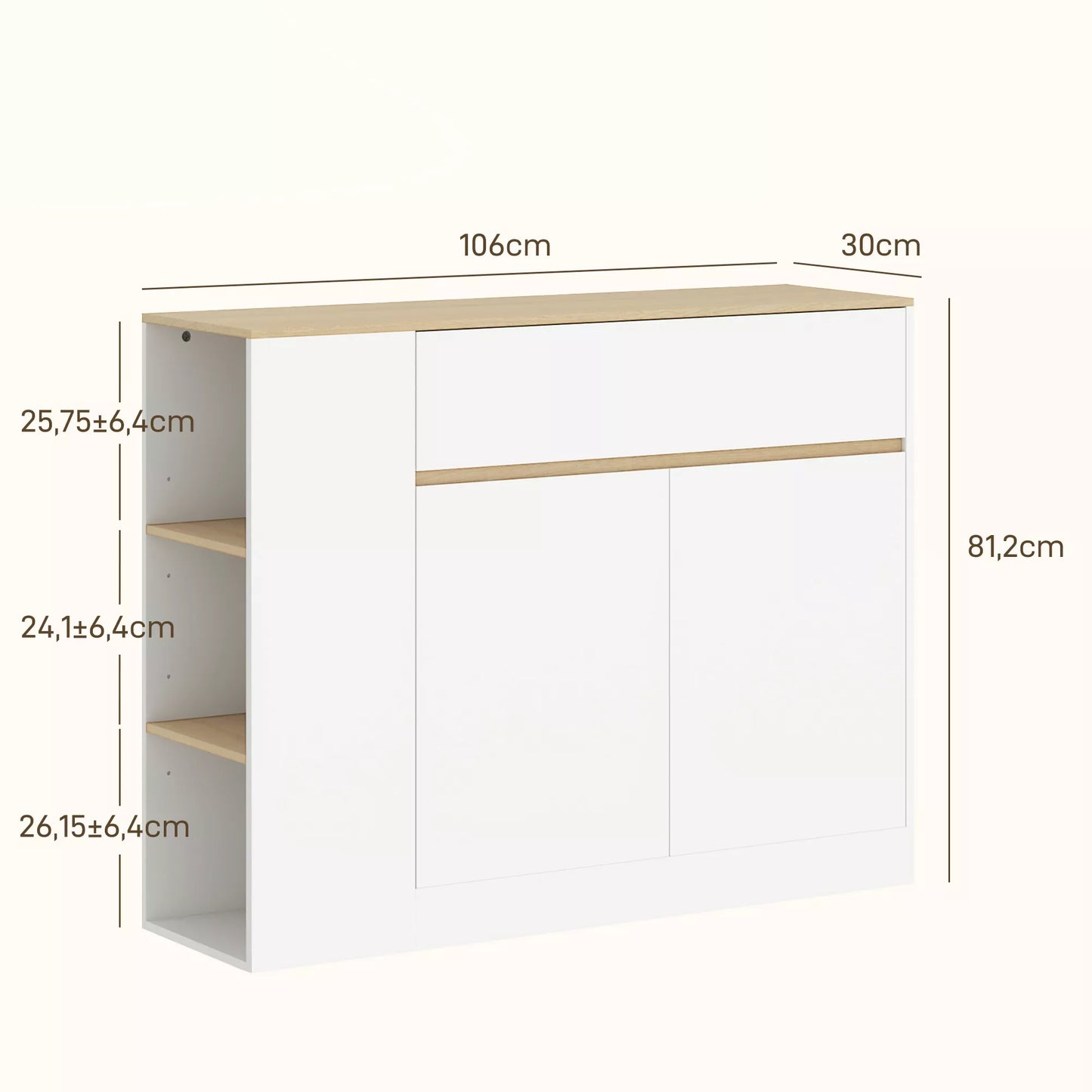 Bufetas, didelė spintelė, 3 lentynos, stalčius, 106 x 30 x 81,2 cm, balta/medžio spalva