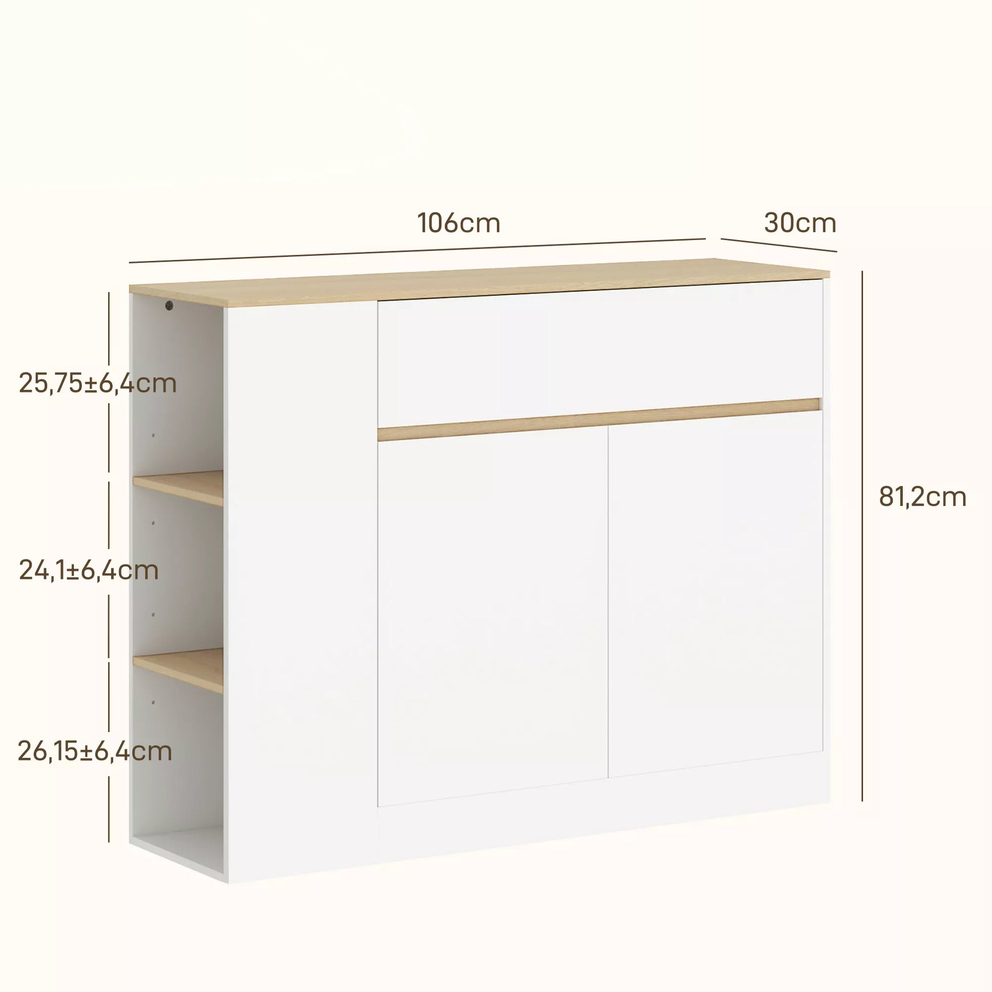 Bufetas, didelė spintelė, 3 lentynos, stalčius, 106 x 30 x 81,2 cm, balta/medžio spalva