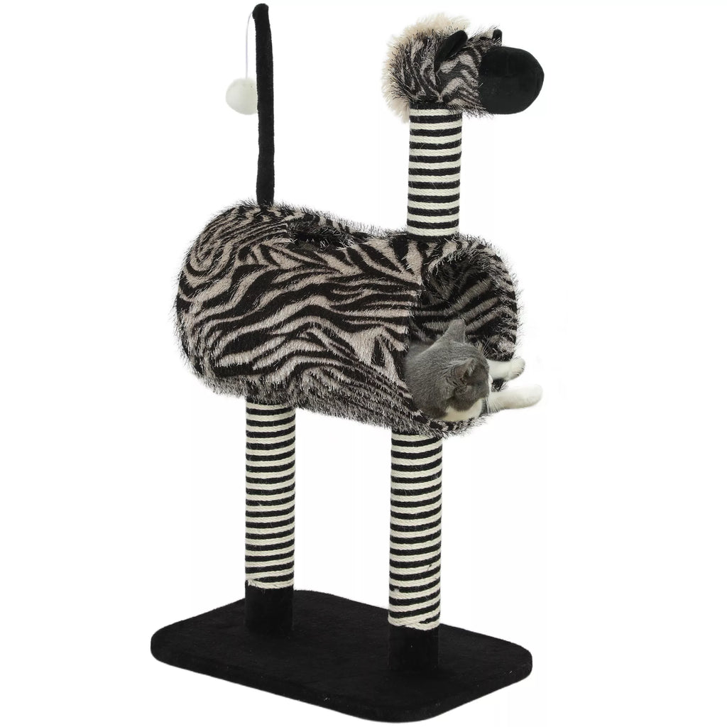 Kratzbaum zebra dizainas, 1 katės tunelis, 3 kratymo stiebai 48,5 cm x 35 cm x 93 cm, juoda + balta
