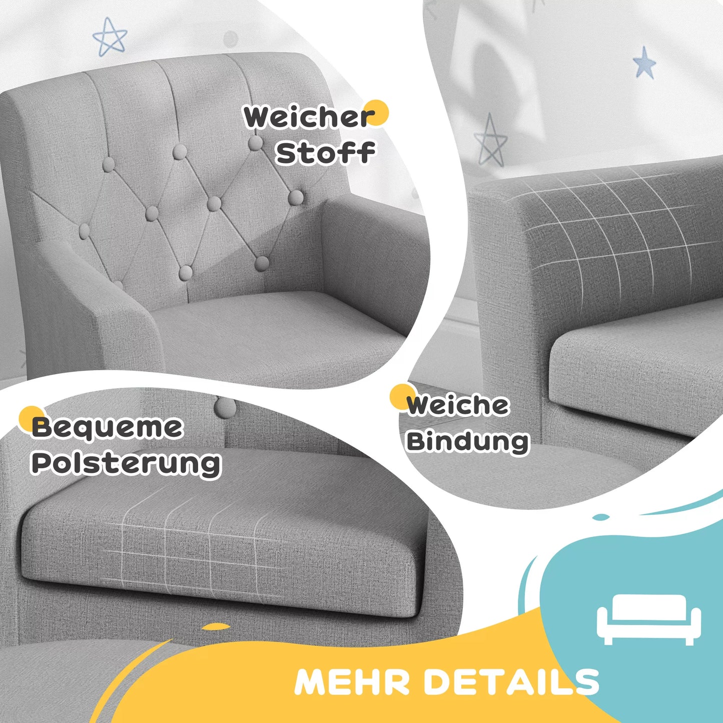 Vaikų fotelis su pufiku, atlošas su rombų raštu, minkšta sėdynė, medinis rėmas, pilkas