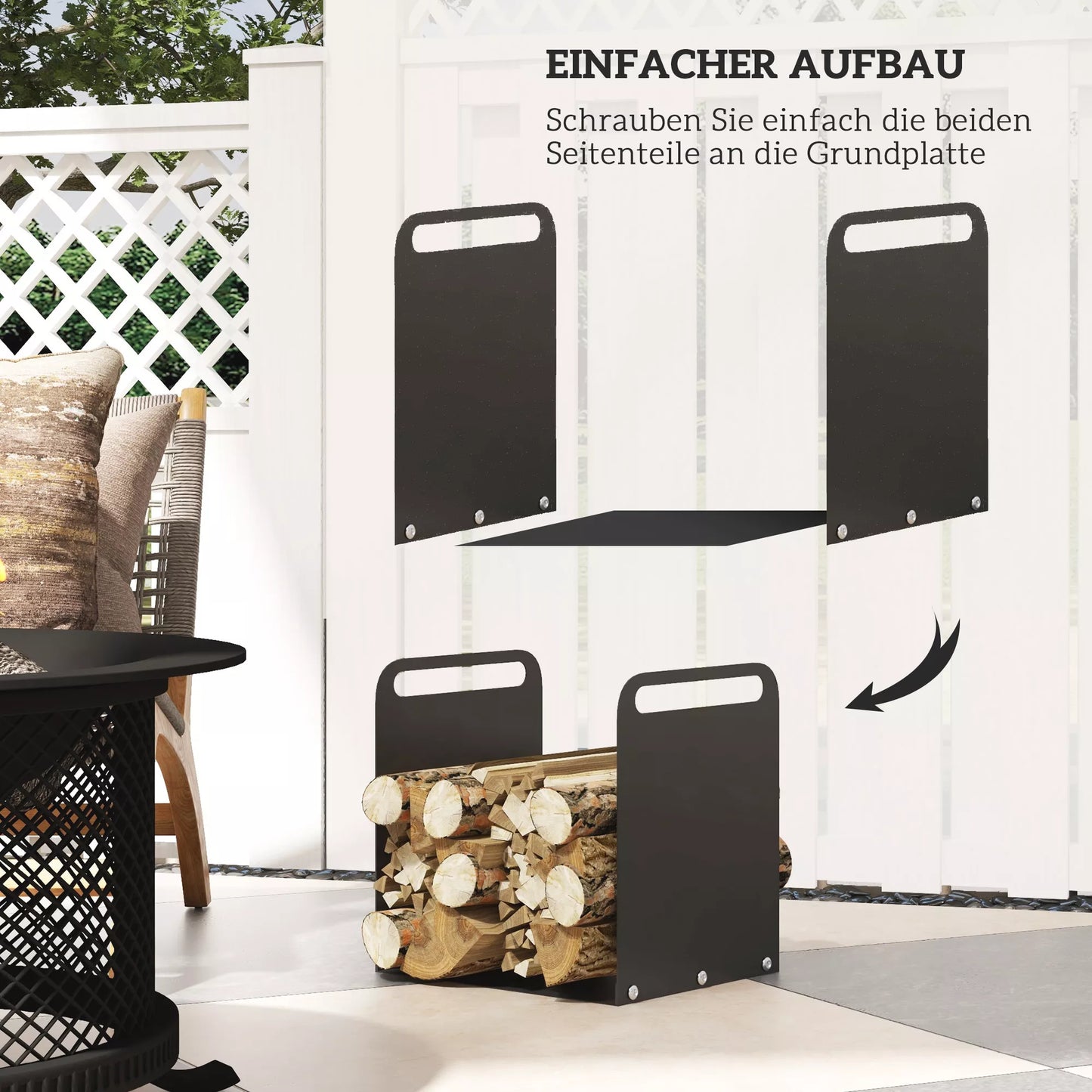 Stovas malkoms, 2 rankenos, plieninis rėmas, iki 30kg, 36x30x36cm, juodas