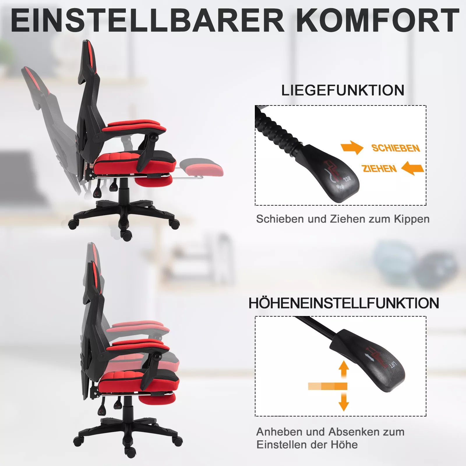 Ergonomiška biuro kėdė, žaidimų kėdė, sukiojama kėdė su atrama kojoms, kompiuterio kėdė, vadovo kėdė,  reguliuojamo aukščio, poliesteris, juoda + raudona, 58 x 63 x 112–122 cm