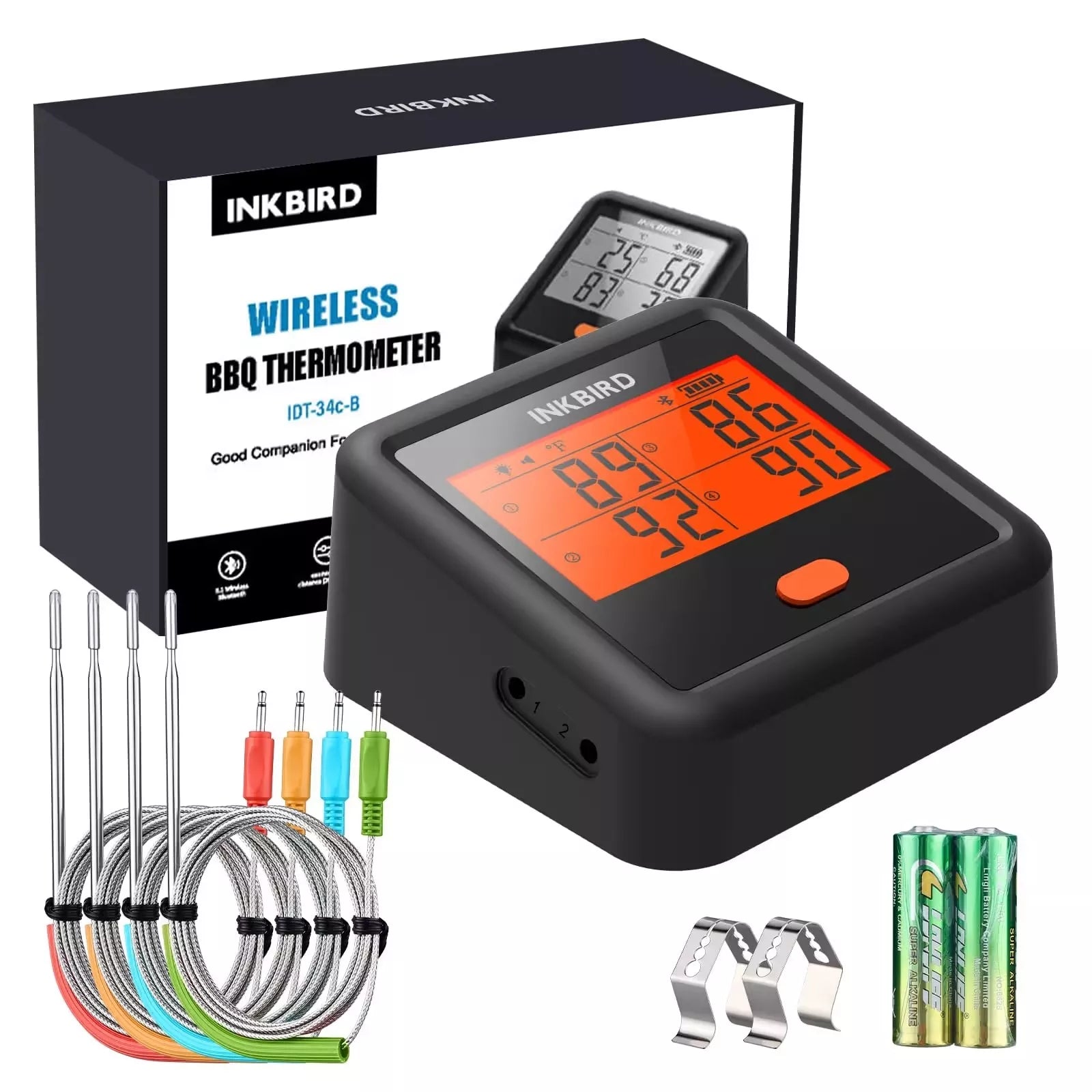 Išmanusis maisto termometras INKBIRD IDT-34c-B su 4 zondais, Bluetooth kepsninės termometras su programėle, 80 m nuotolis, juoda