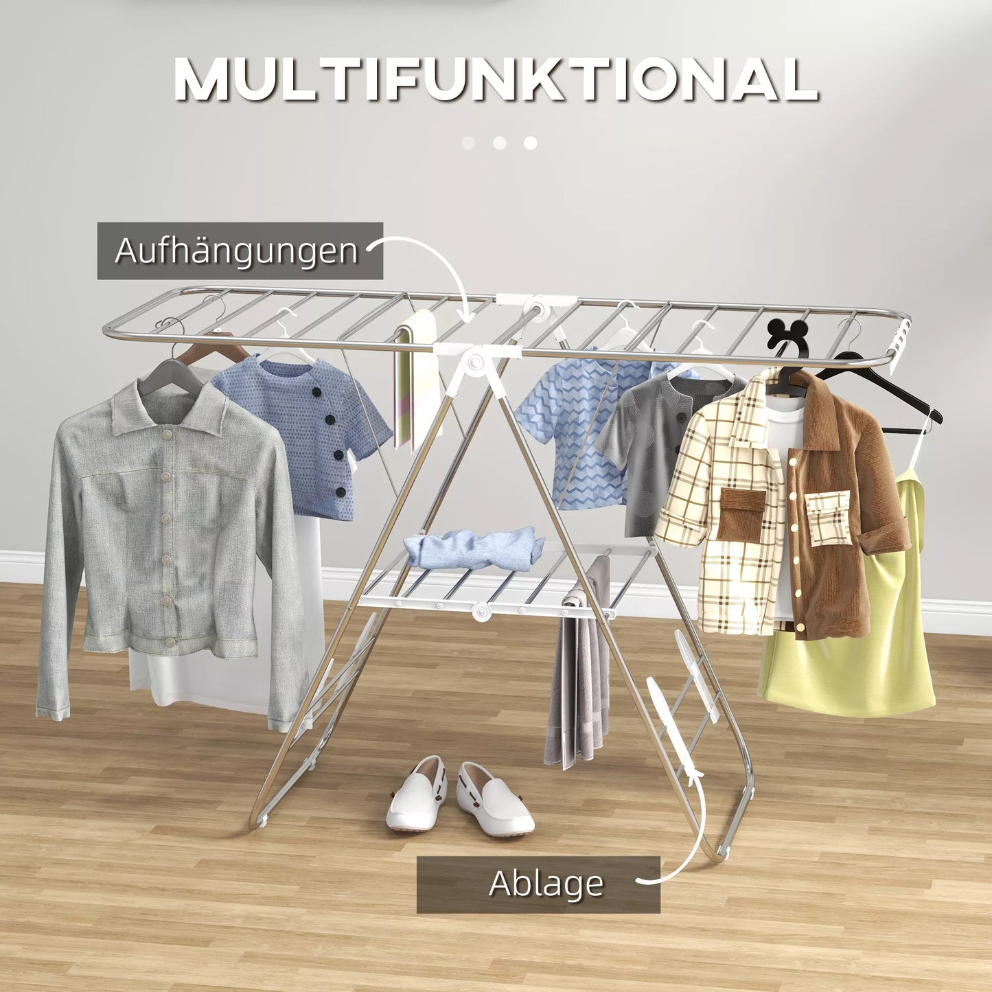 Skalbinių džiovintuvas 1,48 m džiovinimo ilgis, nešiojamas stovinis džiovintuvas su teleskopinėmis strypais, sparninis skalbinių džiovintuvas, skalbinių džiovintuvas vidaus ir lauko naudojimui, sidabrinis + baltas