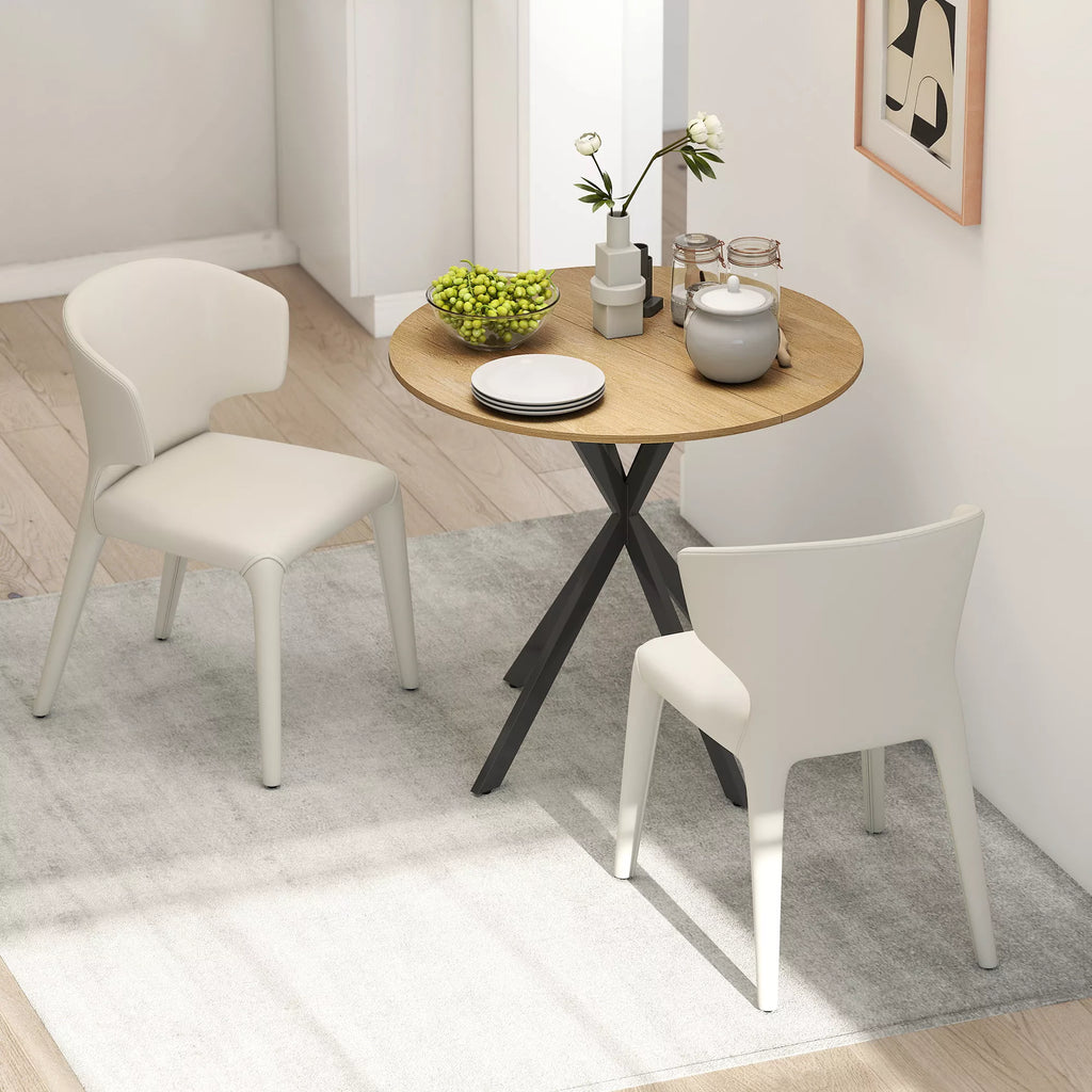 Apvalus virtuvės stalas, 80 cm, kompaktiškas stalviršis, medžio drožlių plokštė, metalas, balto ąžuolo+juoda