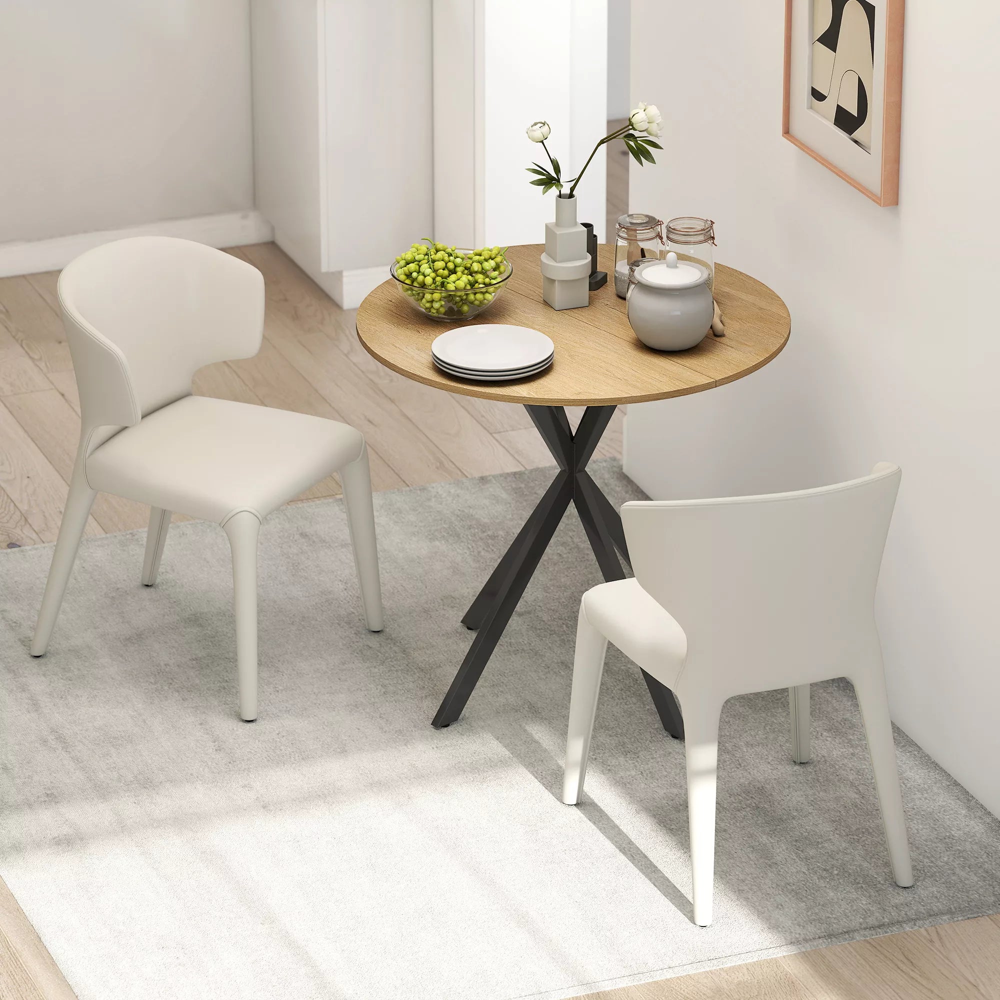 Apvalus virtuvės stalas, 80 cm, kompaktiškas stalviršis, medžio drožlių plokštė, metalas, balto ąžuolo+juoda