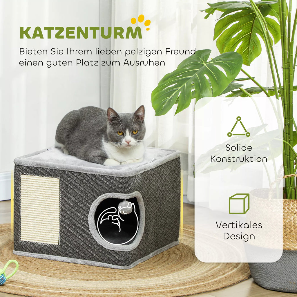Katės namelis su 2 pagalvėlėmis, lova, guoliu, draskymo kilimėliu, žaisliniu kamuoliuku, mažu draskomuoju medžiu, pilkos spalvos