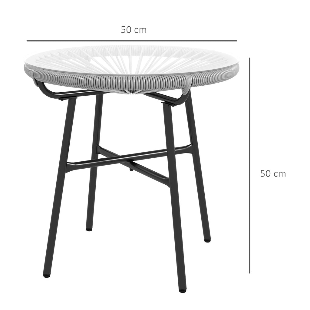 Sodo stalas Boho stiliaus lauko staliukas, PE rotangas, grūdintas stiklas, atsparus atmosferos poveikiui, 50 cm x 50 cm x 50 cm, pilkos spalvos
