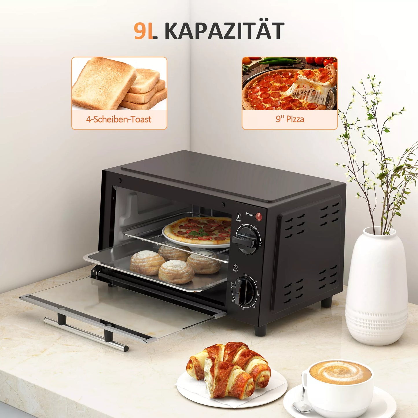 Miniorkaitė, 9 litrų talpa, reguliuojama temperatūra ir kepimo laikas, su grotelėmis ir kepimo skarda, juoda