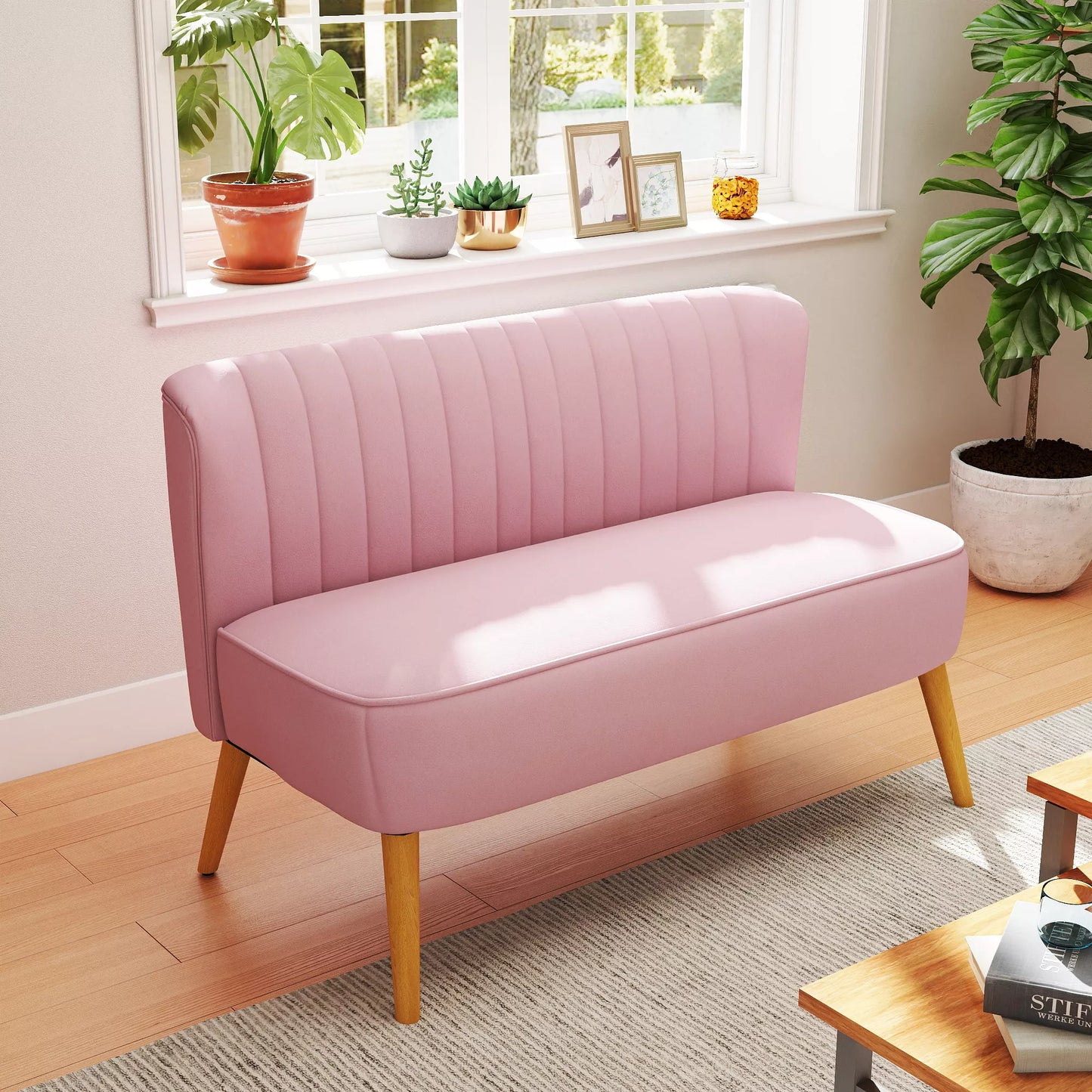 2 vietų audinio sofa, minkšta sofa, dvivietė sofa, sėdėjimo baldas, poilsio sofa, mediena, rausvo aksomo tipo poliesteris, putplastis, rožinė, 117 x 56,5 x 77 cm