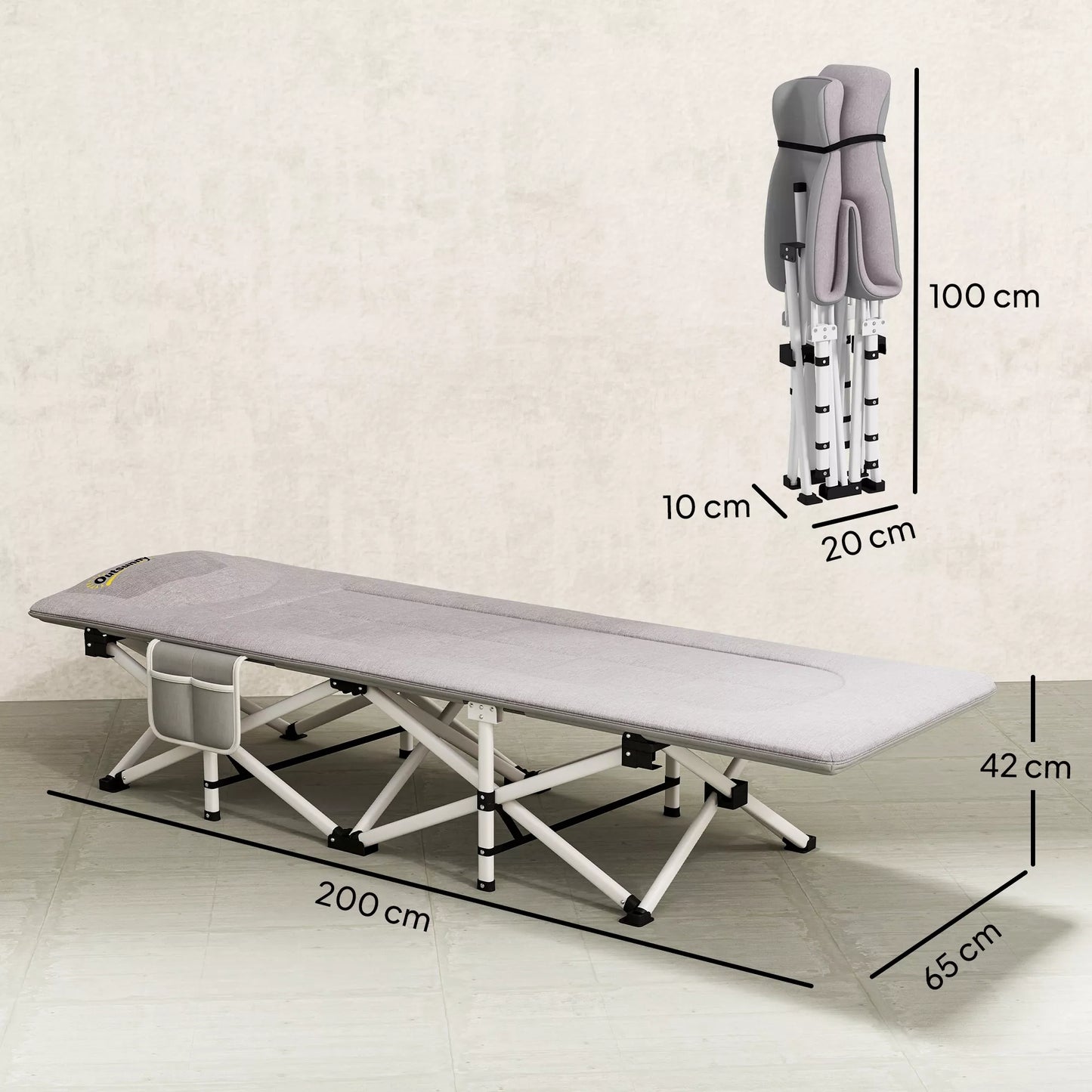Sulankstoma kempingo lova, minkšta, iki 200 kg, nerūdijančio plieno rėmas, 200x65x42cm, pilka