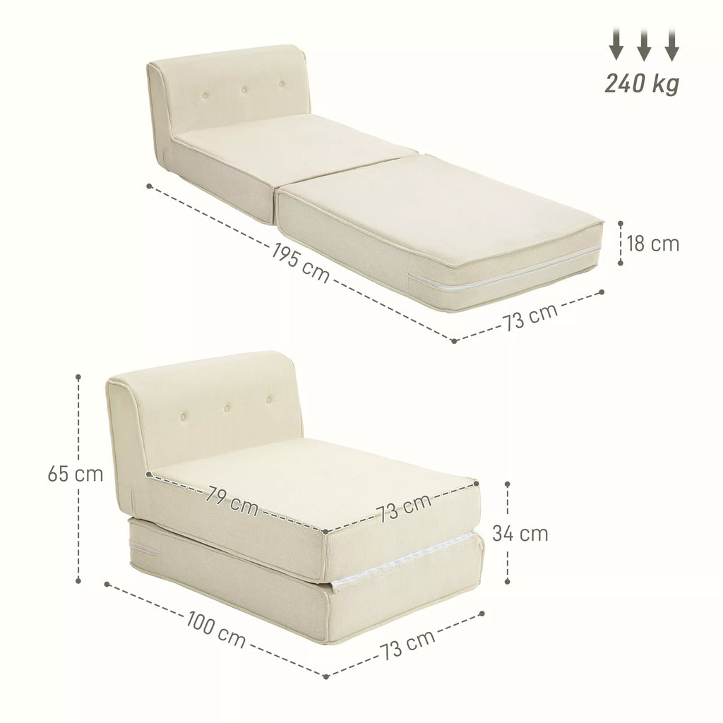 Grindų sofa, sulankstomas svečių čiužinys, lengvas, aksomuotas apvalkalas, 73x100x65 cm, kreminės baltos spalvos
