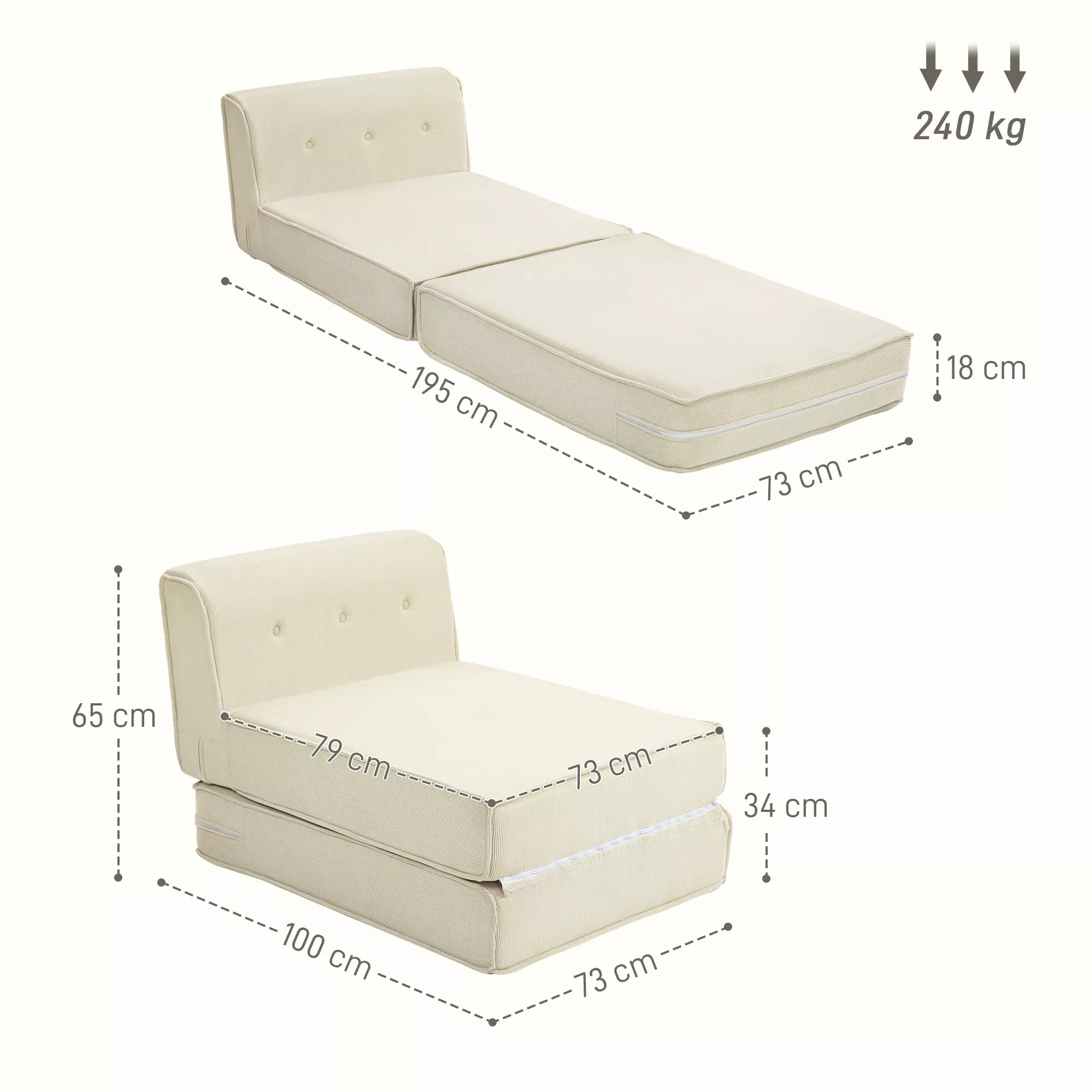 Grindų sofa, sulankstomas svečių čiužinys, lengvas, aksomuotas apvalkalas, 73x100x65 cm, kreminės baltos spalvos