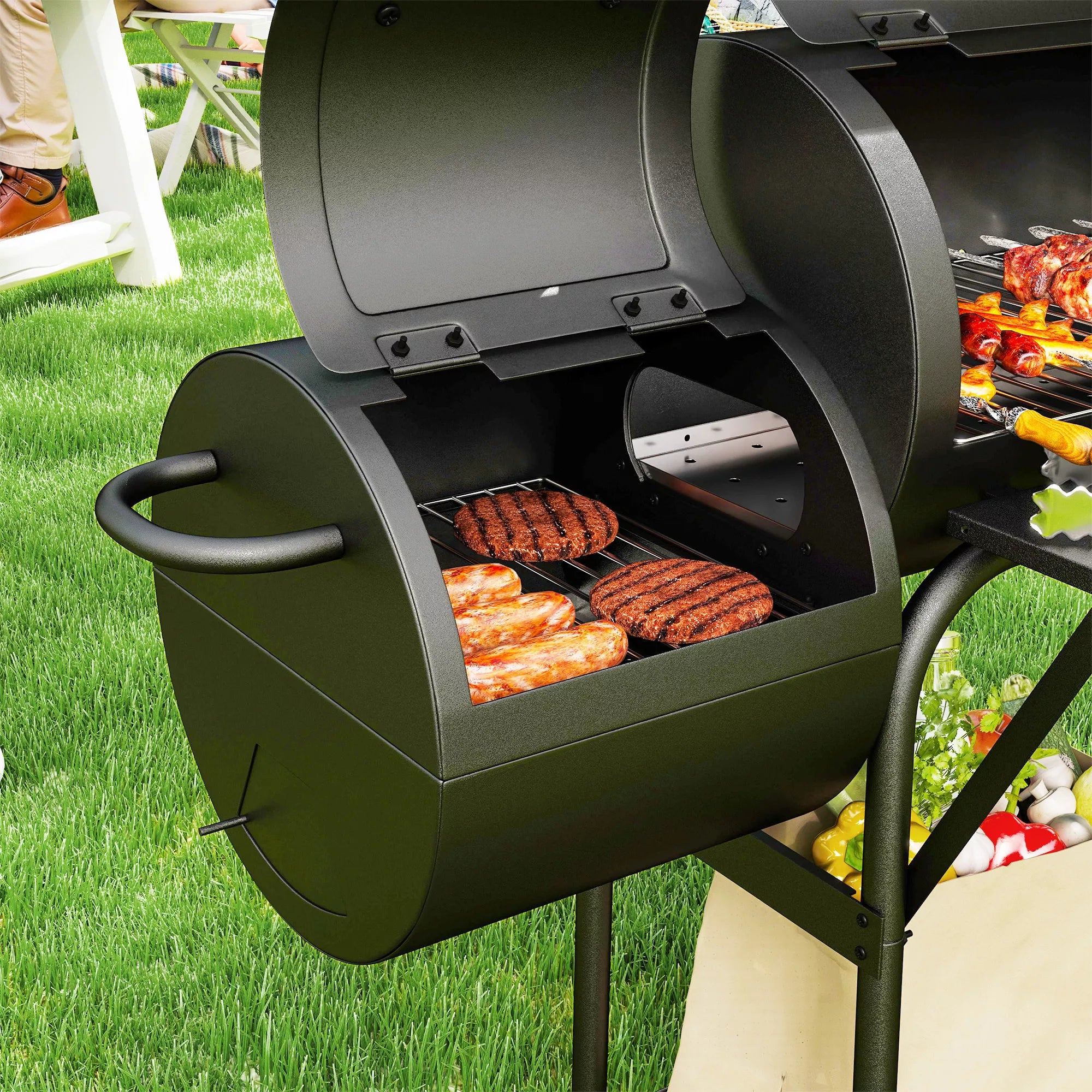 Anglies grilis iš plieno BBQ Smoker su dangčiu Termometras Ratai Oro tiekimas Anglies dėžė