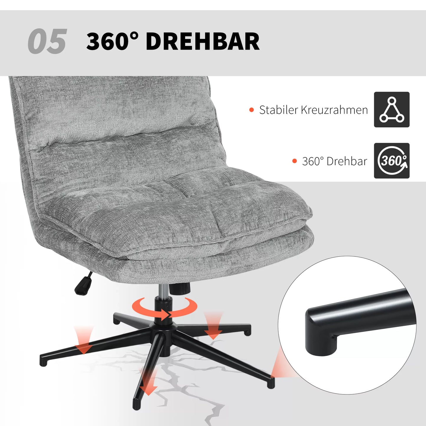 Besisukantis biuro krėslas be porankių, su minkštu audiniu, aukščio reguliavimo, plieninėmis kojomis, pilkos spalvos