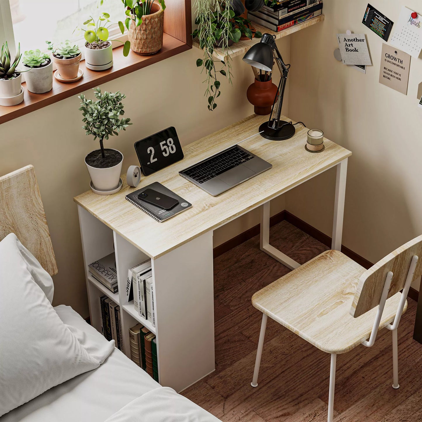 Kompaktiškas kompiuterio stalas, modernus rašomasis stalas su laikymo skyriais, skirtas mažoms patalpoms, 100 x 54 x 75 cm, baltas.