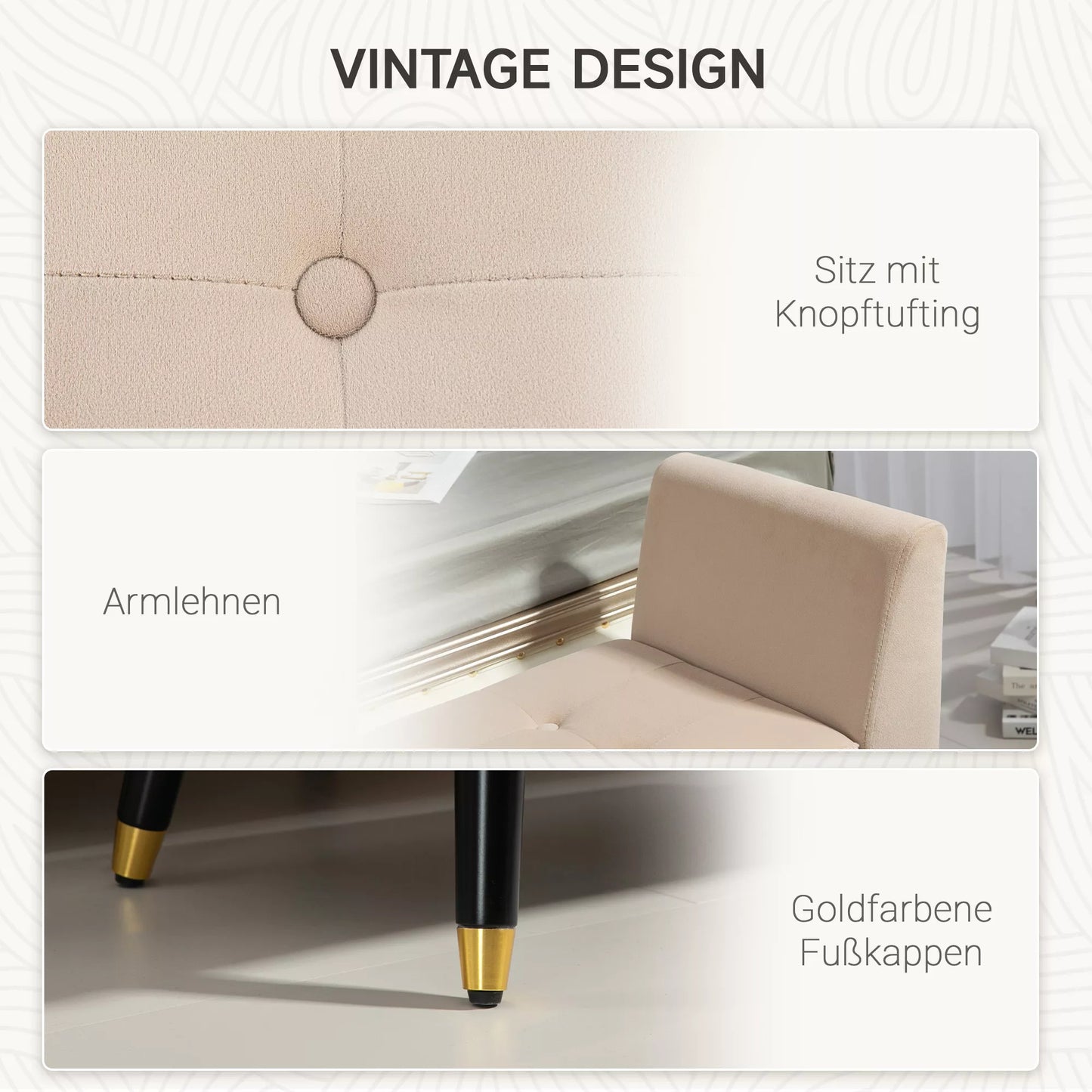 Minkštas suoliukas su daiktadėže, porankiais, samišku poliesteriu, kaučiukmedžio mediena, 107 x 42 x 65 cm, smėlio spalvos