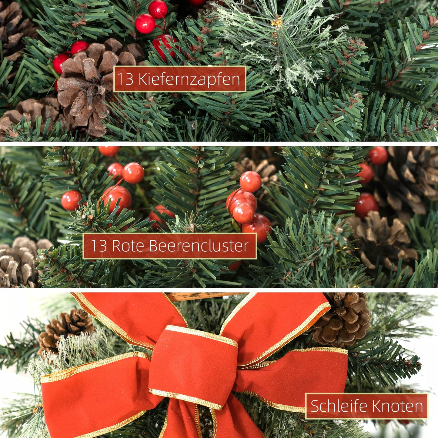 Kalėdinė žibintuvė su uogomis, kankorėžiais ir kaspinėliu, LED lemputėmis, metaliniu stiebu, 150 cm