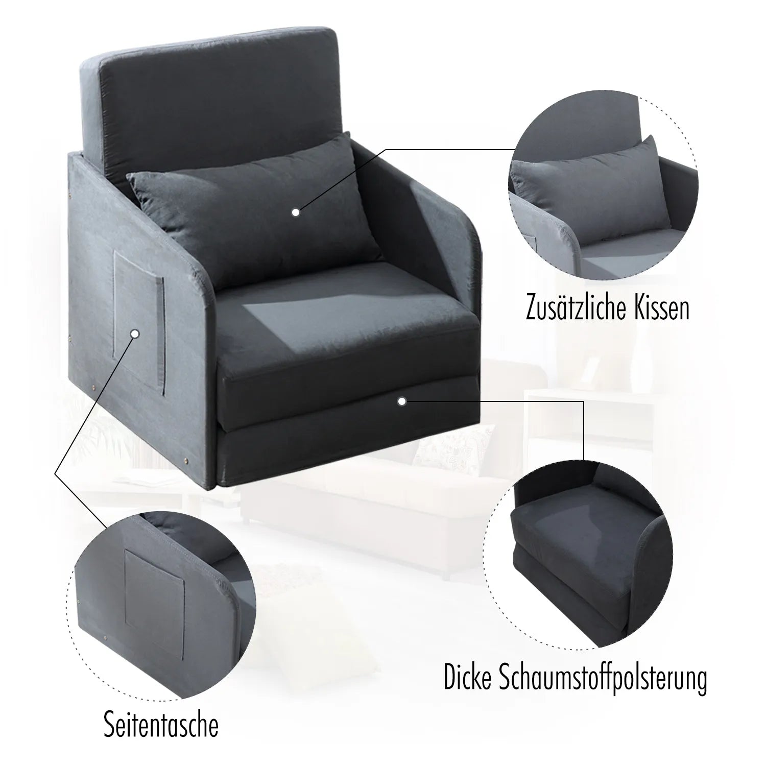 Miegamasis sofos Sofos lova Vienvietė sofa Skalbiama danga 2 šoninės kišenės Pagalvės Metalo Pilka 70 x 76 x 77 cm