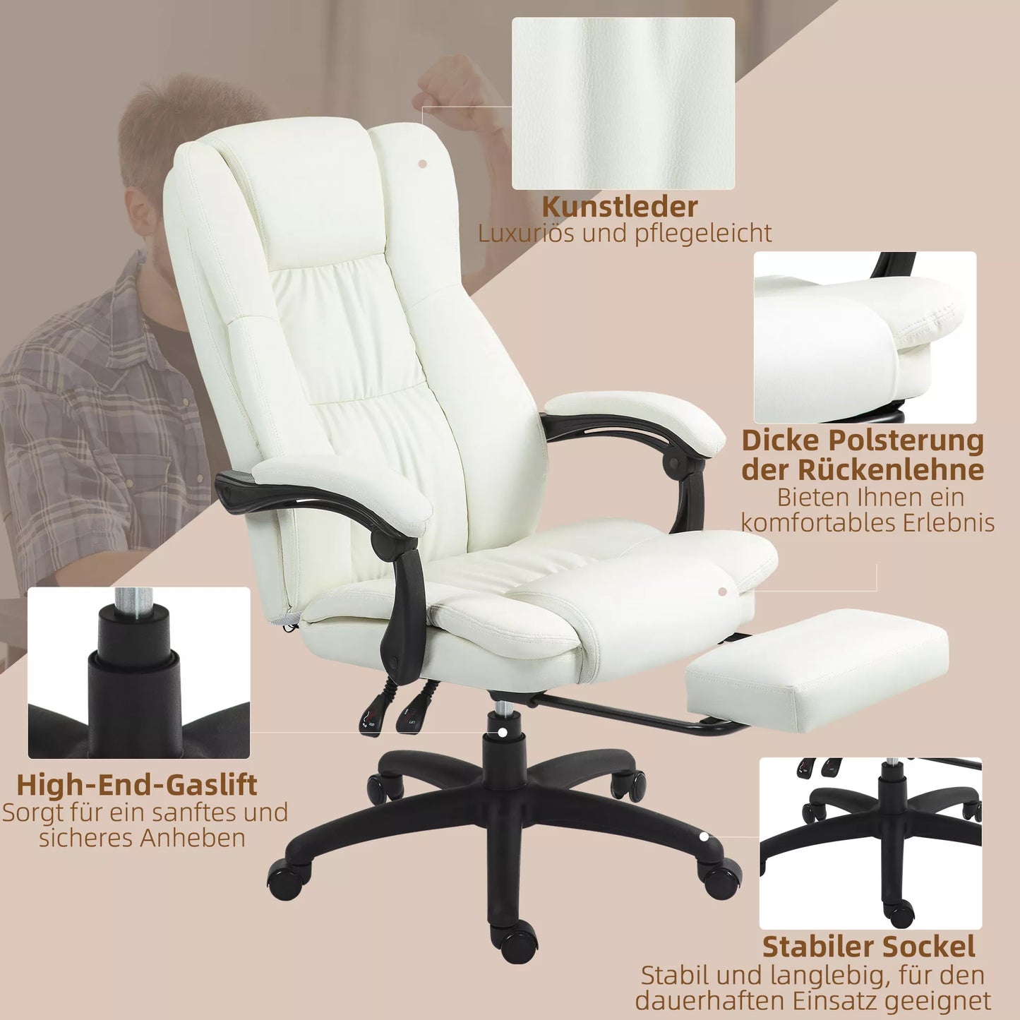 Reguliuojamas biuro sukamos kėdės su atrama kojoms, galvos atrama, masažo funkcija, dirbtine oda, 68,5x68,5x113-121cm, kreminės baltos spalvos