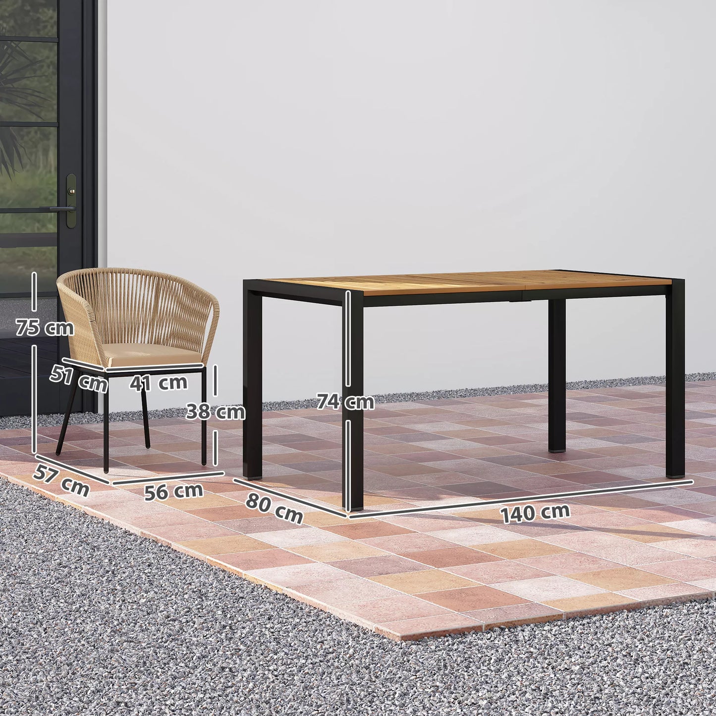 5 dalių sodo baldų komplektas, 4 kėdės, 1 stalas, poliratanas, plieninis rėmas, skalbiami užvalkalai, terasai, chaki