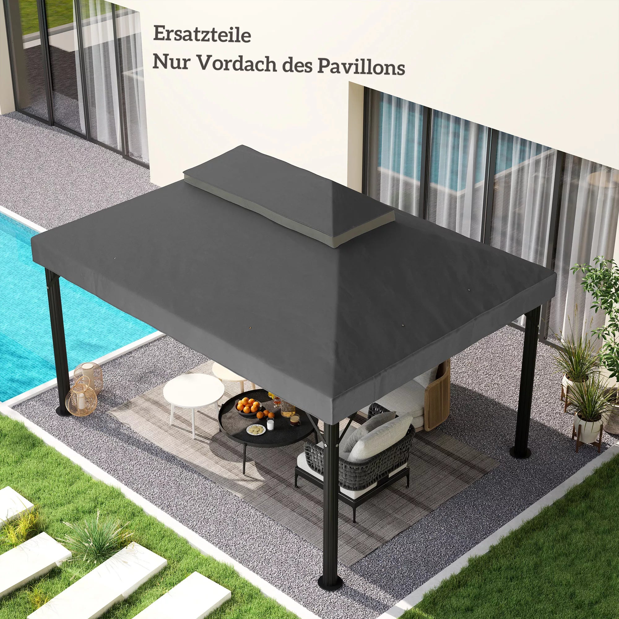 Pavilion pakaitinis stogas, 3 x 4 m, pakaitinis tentas su vandens nutekėjimo angomis, poliesteris, apsauga nuo saulės, UPF30+, tamsiai pilkos spalvos