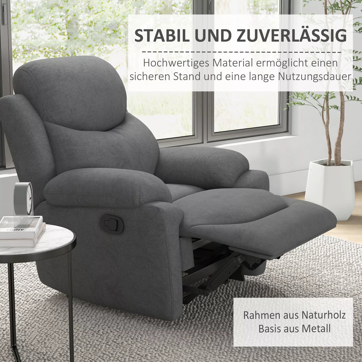 Poilsio krėslas, atlošiamas krėslas, TV krėslas, su poilsio funkcija, lininė išvaizda, 93 cm x 88 cm x 102 cm, pilkos spalvos